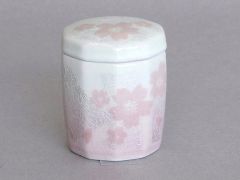 九谷焼 ミニ骨壺 十角型 銀彩桜ピンク 山上宗秀 作